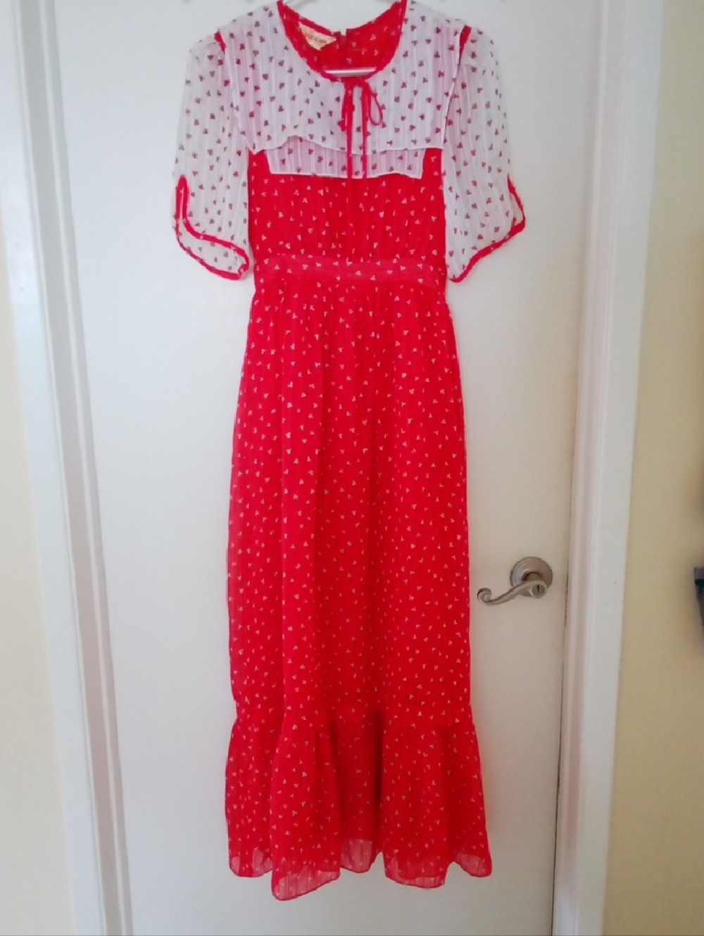 Red & White Heart Like Three Leaf Clovers Print Dress with Sheer Yoke and Bows
